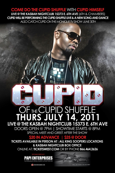 Flyer design for Cupid Shuffle Concert at Kasbah Thursday July 14th